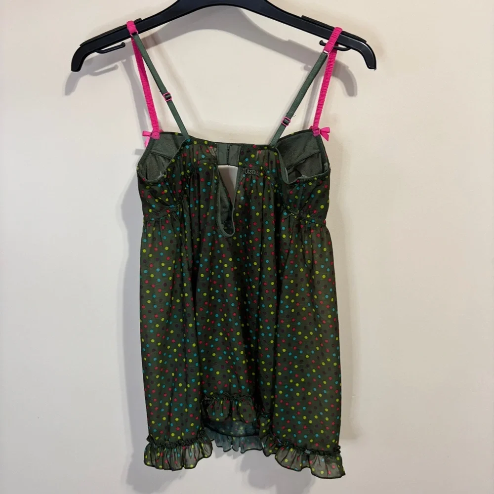 La SENZA sz M Green & Multicolour Polka Dot Chemise with Pink Straps & Bow - Picture 2 of 9